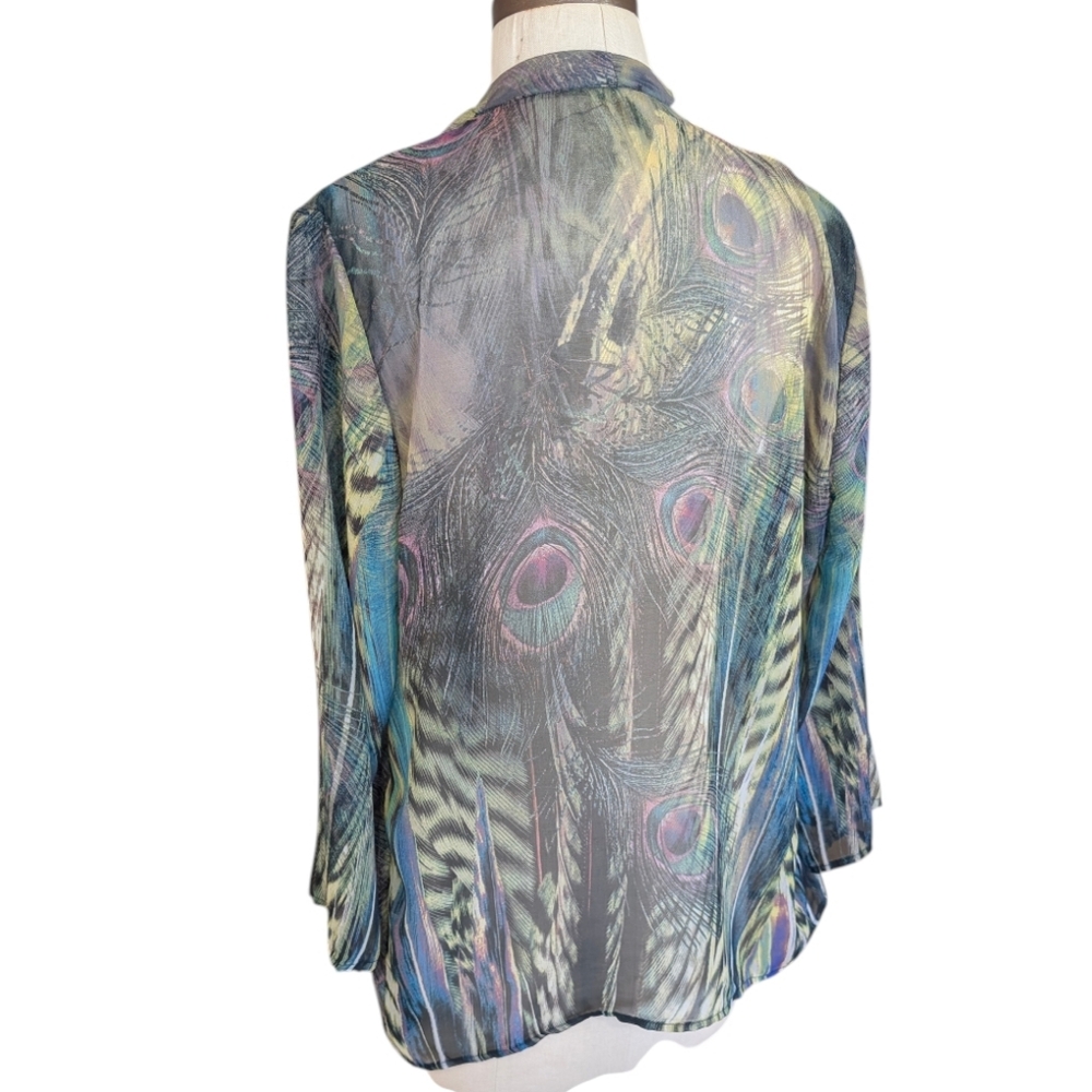 Chenault sheerchiffon peacock Kimono jacket duster, W/ knot/tie front. Medium. - Picture 7 of 16